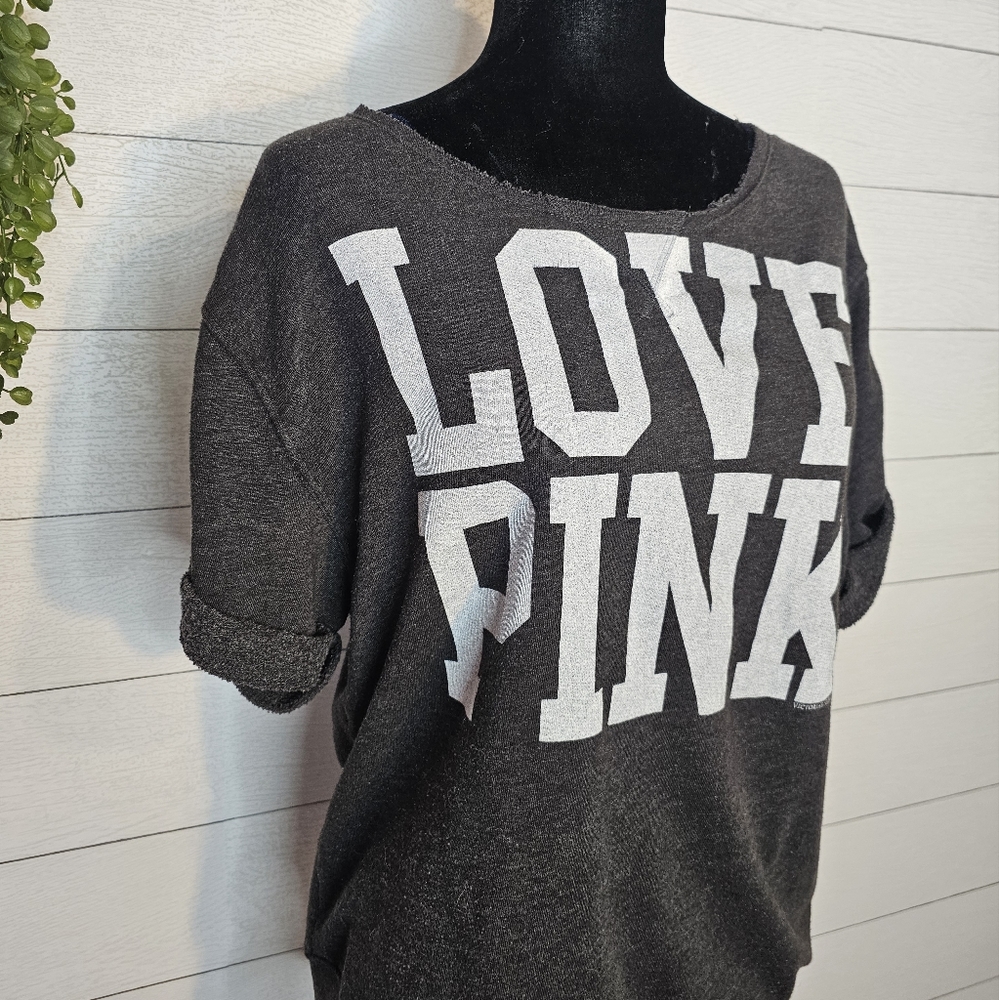 Victorias Secret PINK Small Cutoff Gray Short Sleeve Shirt Cuffed Sleeve